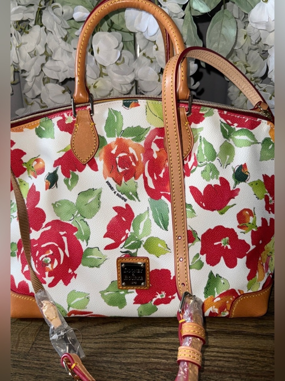 Dooney & Bourke  NWOT Red and Green Floral Tote with Tan Trim